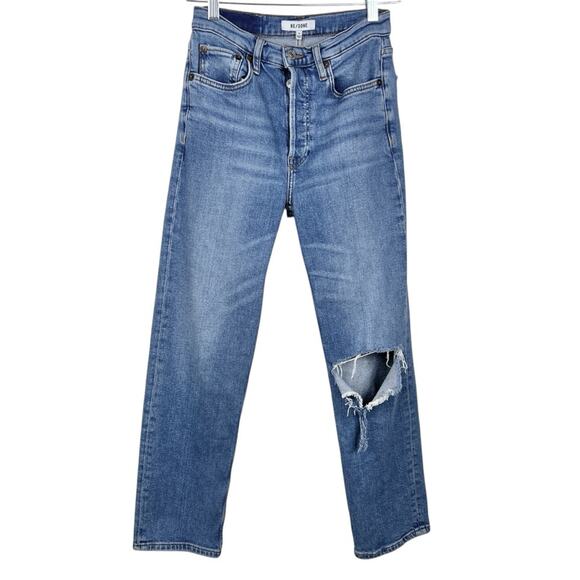Re/Done Originals 70s Stovepipe Jeans 26 Rodeo Indigo with Hole - Picture 2 of 8